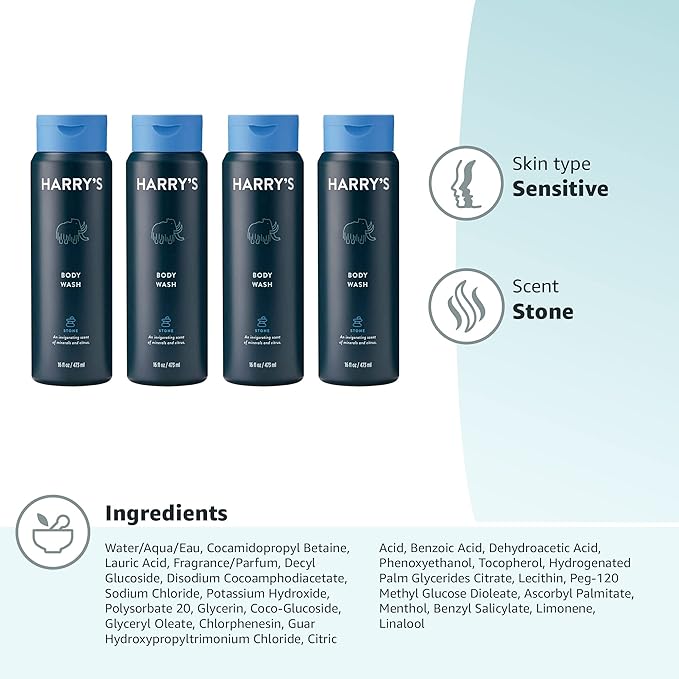 Harry's Men's Body Wash Shower Gel - Stone 16 Fl Oz (Pack of 4) - Packaging May Vary