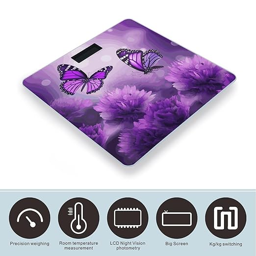 Purple Flower Butterflies Bathroom Scale for Body Weight 400 Lb Weight Scale with High Precision Sensors Tempered Glass Highly Accurate Digital Weighing Machine for People