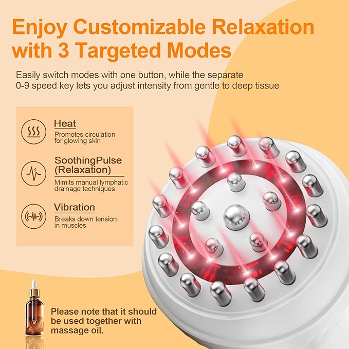 3-in-1 Handheld Lymphatic Drainage Massager with Red Light Heat &amp Vibration - Cordless Anti Cellulite Massage Tool for Body Relaxation 3 Modes &amp 9 Speeds for Belly Legs Thighs
