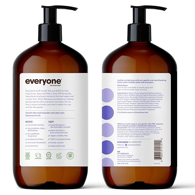 Everyone 3-in-1 Soap Body Wash Bubble Bath Shampoo 32 Ounce (Pack of 2) Lavender and Aloe &amp Liquid Hand Soap 12.75 Ounce (Pack of 3) Lavender and Coconut Plant-Based Cleanser