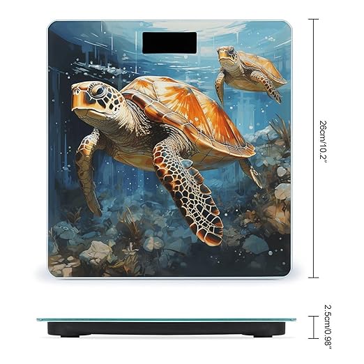 Turtle Swimming in The Sea Scale for Body Weight Anti-Slip Tempered Glass Digital Bathroom Scales Clear LCD Display Weighing Scale Safe Rounded Corners Smart Scales