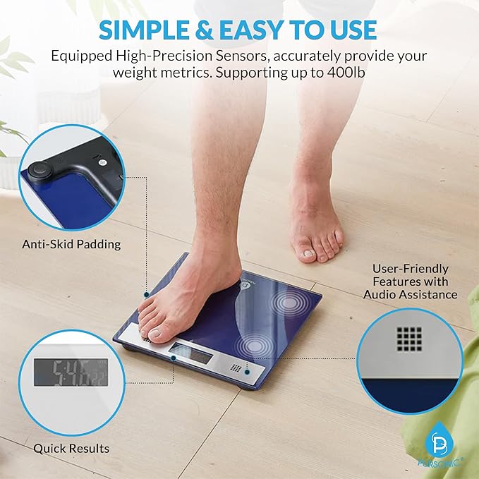 Pursonic Talking Bathroom Scale for Body Weight - 400lb Digital Weight Scale with 5mm Tempered Glass Clear LCD Display &amp Auto Shut Off - Accurate &amp Instant Scales for Body Weight