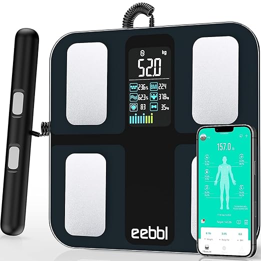EEBBL Weight Scale for Body Fat with Handle 20 Precise Body Biological Analyzer Digital Bathroom Weighing Bluetooth Scale Body Composition Monitor Health Analyzer 400 lbs - Blackwith Baby/Pet Mode