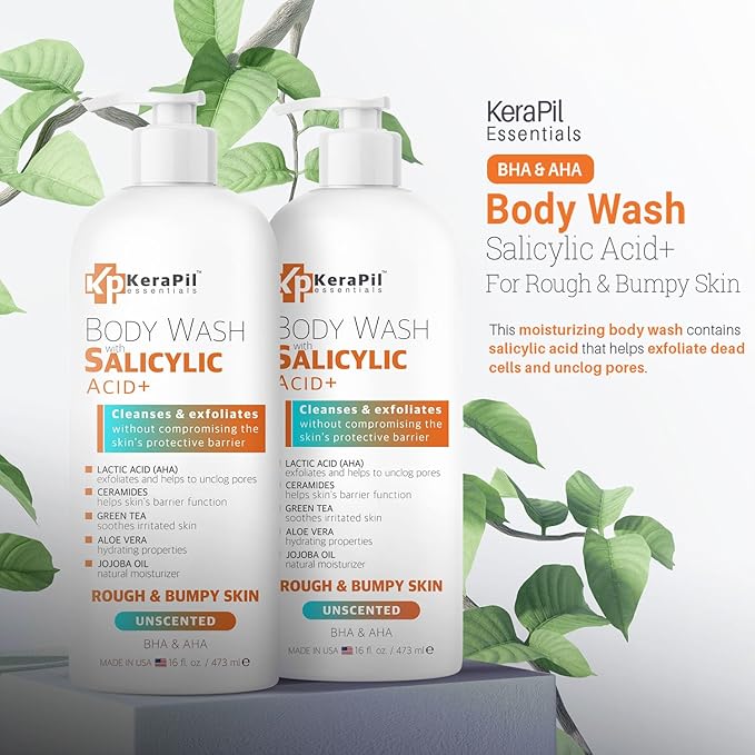Salicylic Acid Body Wash - Skin Non-drying Gentle Exfoliates Rough and Bumpy Skin Body Acne Wash BHA &amp AHA - Unscented Exfoliating Body Wash Made in USA - (16 fl oz x 2)