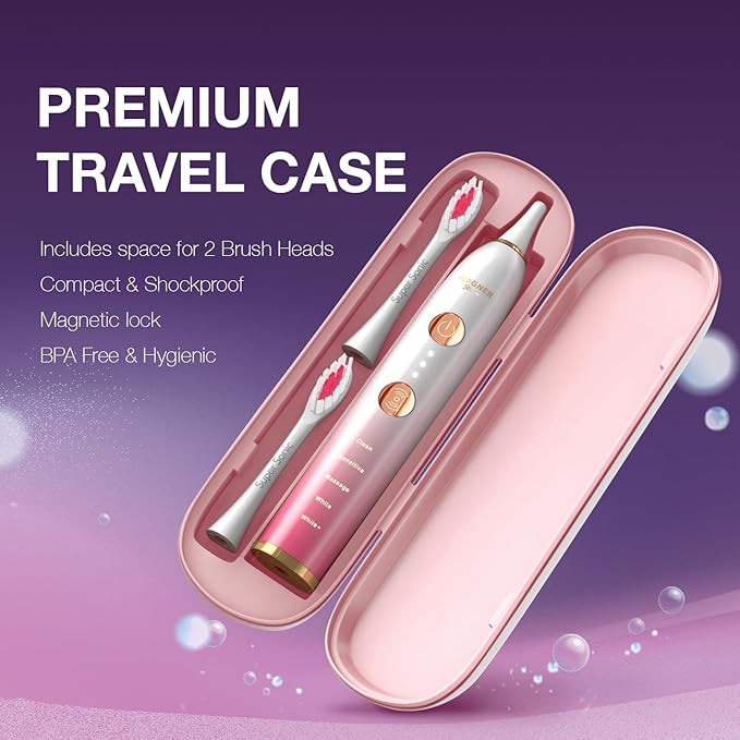 Wagner Stern WT8900 Series Electric Toothbrush – Whitening &amp Pressure Sensor 5 Modes 3 Intensities 8 Soft Brush Heads Rechargeable Travel Case Included