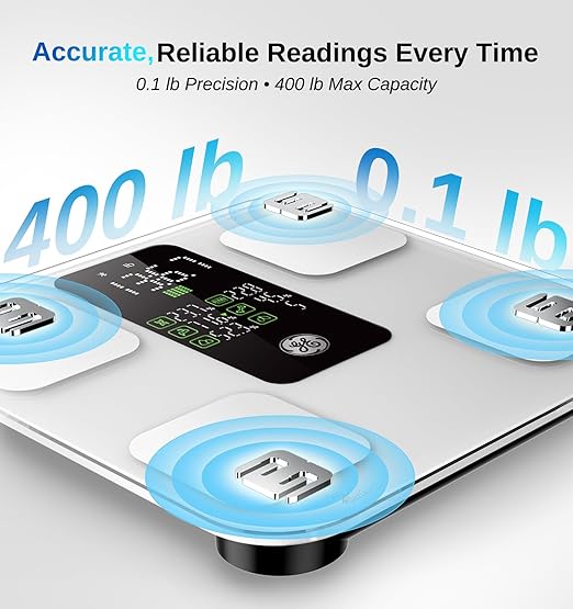 GE Scale for Body Weight: Body Fat BMI Muscle Mass Smart Bathroom Scales with 14 Body Composition Metrics with Large Display Accurate Bluetooth Weighing Machine with Fitness App 400 lbs White