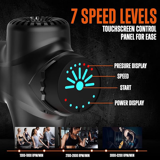 SQUATZ Touchscreen Portable Electric Massage Gun 7 Speed Levels and 8 Massage Heads with a 4800mah Lithium Battery High Power and Low Noise Handheld Deep Tissue Massager Black