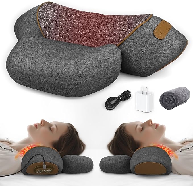 3-in-1 Neck Massager Pillow with Heat &amp Traction Deep Tissue Cervical Traction Device for Neck Hump Corrector Shoulder &amp Upper Back Pain Relief Relaxing TheraPillow Support