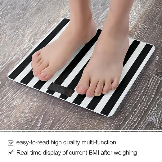 Black &amp White Stripe Scale for Body Weight Safe Rounded Corners Tempered Glass Digital Bathroom Scale LED Display 400lb Capacity Weight Scales with High Precision Sensors