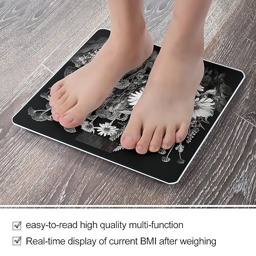 Black and White Flowers Smart Scale for Body Weight Accurate Bathroom Scale with LED Display Digital Weight Scales Weighing Machine High Precision Scales for Bath Home