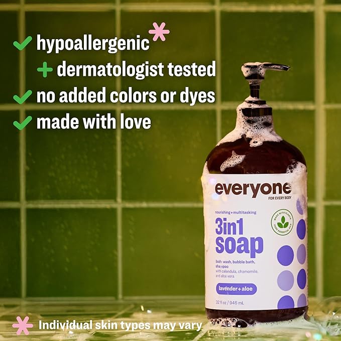 Everyone 3-in-1 Soap Body Wash Bubble Bath Shampoo 32 Ounce (Pack of 2) Lavender and Aloe made with Essential Oils for Men and Women