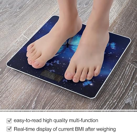 Blue Starry Butterfly Scale with LCD Precision Weighing Scales Sturdy Tempered Glass Weight Scales Easy-to-Read Anti-Slip Weight Digital Bathroom Scale for Daily