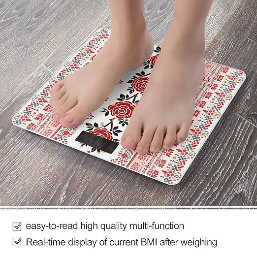 Ukrainian Embroidery Style Rose Scale for Body Weight Sturdy Tempered Glass Weighing Scales with LCD Display Accurate Digital Bathroom Scale Convenient Body Fat Smart Scales Easy Read