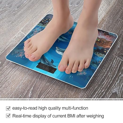 Underwater World Dolphins Coral Scale for Body Weight Anti-Slip Sturdy Tempered Glass Weighing Machine Highly Digital Accurate Bright LCD Bathroom Scale for Household Gift