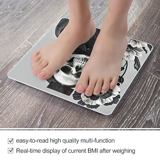 Black and White Flowers and Skull Bathroom Scale for Body Weight Bathroom Weighing Scales with Back Lit LED Display Sturdy Tempered Glass Body Weight Bathroom Scale 400lb Weighing