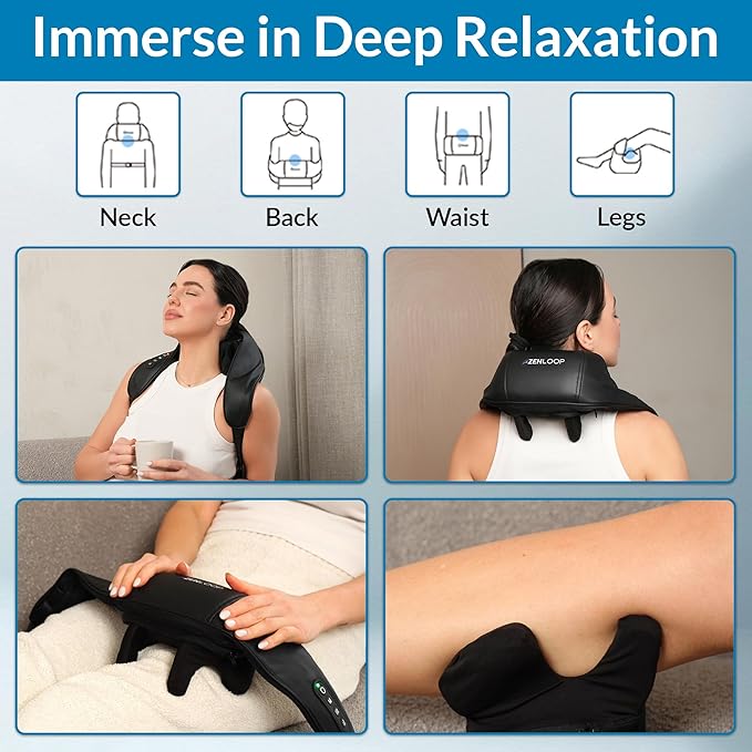 ZENLOOP Ultra-Comfort Neck &amp Shoulder Massager - Advanced 4D Kneading Therapy with Soothing Heat - USB-C Rechargeable - Adjustable Design Quiet Use Extended Battery &amp Durable - for Home/Offi