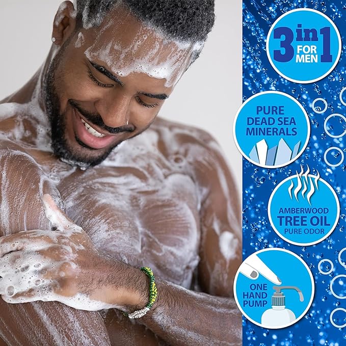 Dead Sea Collection Amber Wood Men’s Body Wash – 3 in 1 Body Wash for Men for Hair Face &amp Body – Moisturizing Shower Gel with Dead Sea Minerals – Pack of 2 (33.8 fl oz each)