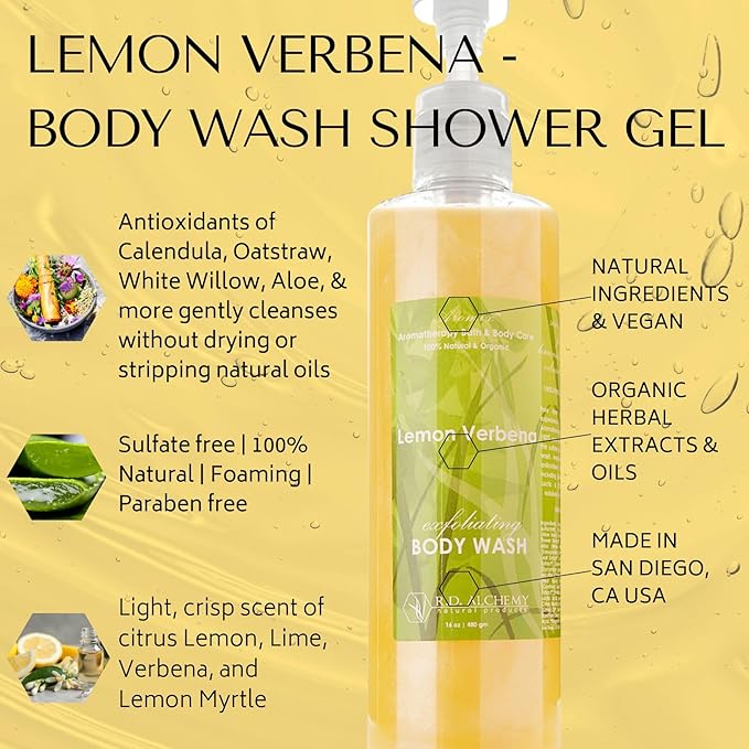 RD Alchemy - 98% Natural &amp Organic Lemon Verbena Body Wash Shower Gel - Light and Bright Scent to Awaken and Energize while Cleansing Exfoliating and Renewing