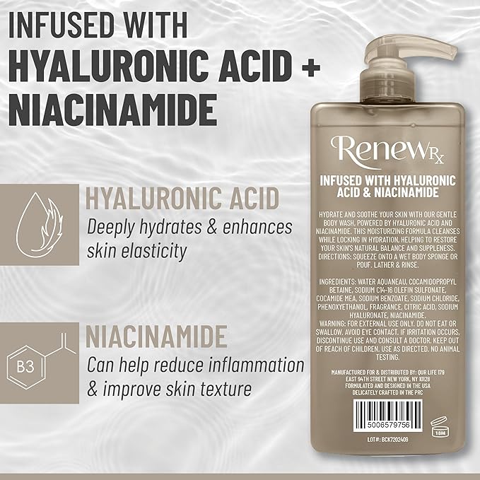 Hyaluronic Acid + Niacinamide Body Wash – Hydrating Skin Care Cleanser for Brightening &amp Skin Perfecting Vegan Skincare 32 fl oz