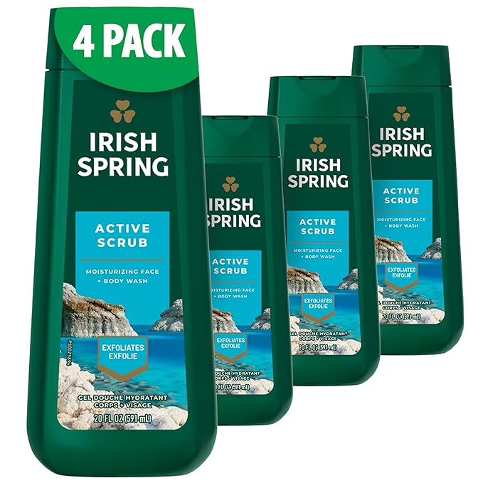 Irish Spring Mens Body Wash Active Scrub Exfoliating Body Wash for Men 20 Fl oz (Pack of 4)