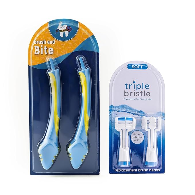 Triple Bristle Brush and Bite Handle Replacement Brush Head Combo | Special Needs &amp Autism Mouth Prop Toothbrush | Ergonomic Handle w/Bite Block | Patented 3 Head Design | Kids &amp Adults