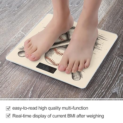 Hand Drawn Baseball Bats and Ball Weight ScaleClear LED Display Bathroom Digital Weighing ScaleTempered Glass Digital Bathroom Scale for Body Weight Capacity Up to 400 Lbs