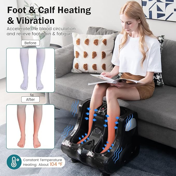 RELAX4LIFE Foot and Calf Massager Shiatsu Foot Massager Machine w/Heating Kneading Vibration Rolling Adjustable Speed &amp Tilt Base Leg Massager for Pain Relief (Black)
