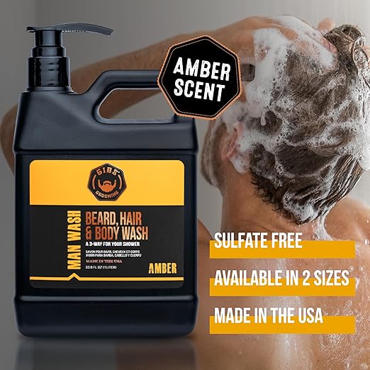 GIBS Grooming - Man Wash 3-in-1 Beard Hair Body Soap - Citrus Oak Basil Scent - Sulfate Free - Tea Tree Oil Hemp Oil Protein - Mens Body Wash &amp Mens Shampoo - Made in USA