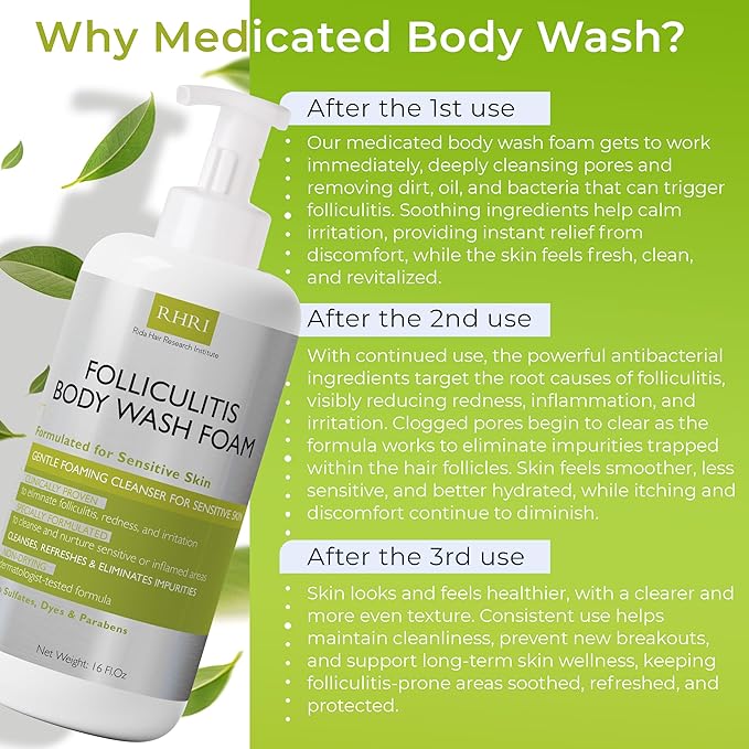 Folliculitis Treatment Folliculitis Body Wash Sensitive Skin | Foaming Cleanser for Redness &amp Irritation with No Sulfates Dyes or Parabens | Body Wash Includes Bonus Scrubber Brush