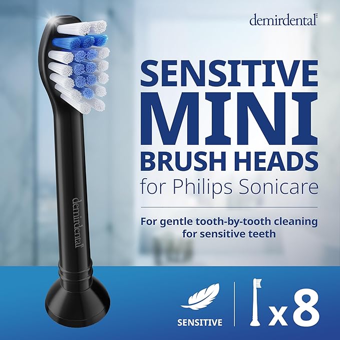 demirdental Toothbrush Heads mini Sensitive Compatible with Philips Sonicare Toothbrush Heads - Soft &amp Small Replacement Heads for Sensitive Teeth - Black - Replaces HX6088b - 8 Pack