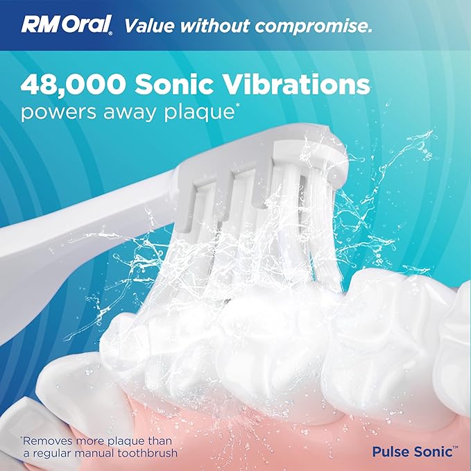 RM Oral Pulse Sonic Powered Toothbrush with 48000 Sonic Vibrations Metal Handle Soft Bristles Travel Case 2 Modes for Whitening &amp Plaque Removal 2-Minute Smart Timer Rose Gold
