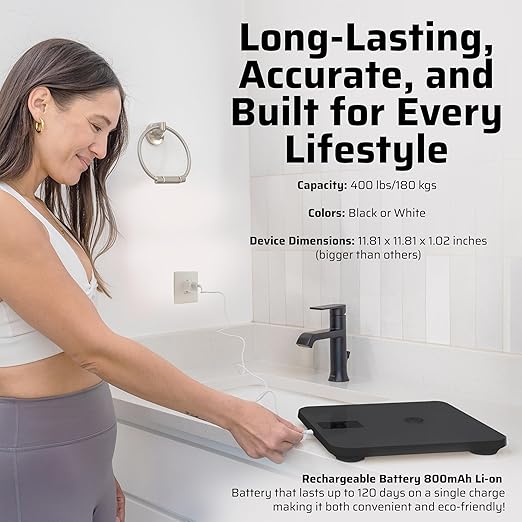 Premium Smart Digital Body Weight Scale - 4 Electrodes – 25+Metrics -Rechargeable- WiFi &amp Bluetooth - Full Body Analysis -Track Body Fat Muscle Mass Fat Percentage Sleek Design