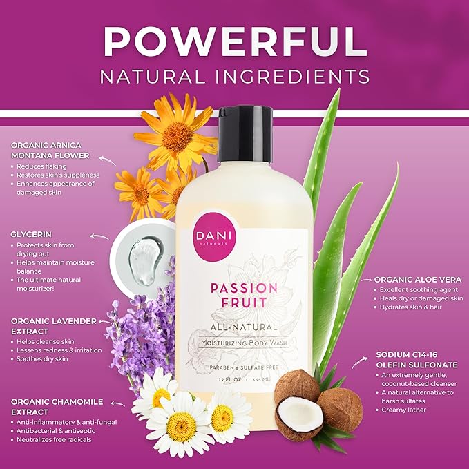 DANI Naturals Moisturizing Body Wash - Sweet Passion Fruit Scent with Organic Aloe Vera &amp Natural Glycerin - Sulfate &amp Paraben-Free Shower Gel - 12 oz - Vegan &amp Cruelty-Free