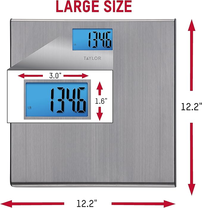 Taylor Digital Scales for Body Weight Extra-High 440 lb Capacity Thin Profile Unique Blue LCD Glass Platform 12.2 x 12.2 Inches Stainless Steel
