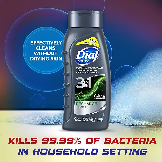 Dial Men Body Wash 3 Pack Recharge 3-in-1 Body Hair and Face Wash Cedar Leaf Scent Long Lasting All Day Fresh Body Wash for Men 20 oz. Each