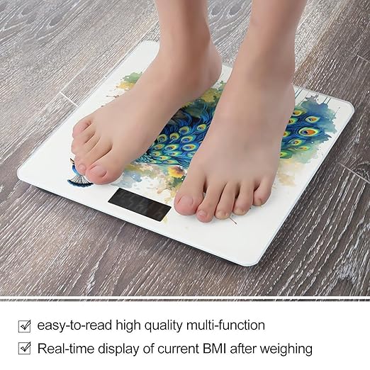 Peacock Watercolor Painting Bathroom Scale Rounded Smart Scale for Body Weight Automatic Power On/Off Weight Scales Accurate Bathroom Digital Scales for Pet Home Bedroom Kitchen