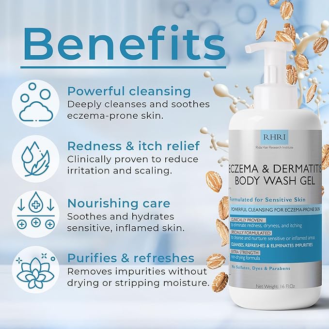Eczema Body Wash | Eczema Treatment | Gel Cleanser For Eczema Prone Skin | Soothes Dryness &amp Itching Gentle On Eczema &amp Dermatitis Sulfate-Free With A Free Scrubber Brush