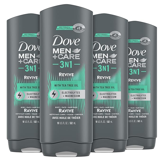 DOVE MEN + CARE Post-Workout Body Wash 3N1 Revive 4 Count For Men With Tea Tree Oil 18 oz