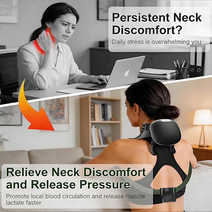 CBQ Neck and Shoulder Massager with Heat for Pain Relief Deep Tissue Bionic Hand Massager for Back Neck Relaxation Cordless Portable Home Office Travel Massage Adjustable Intensity