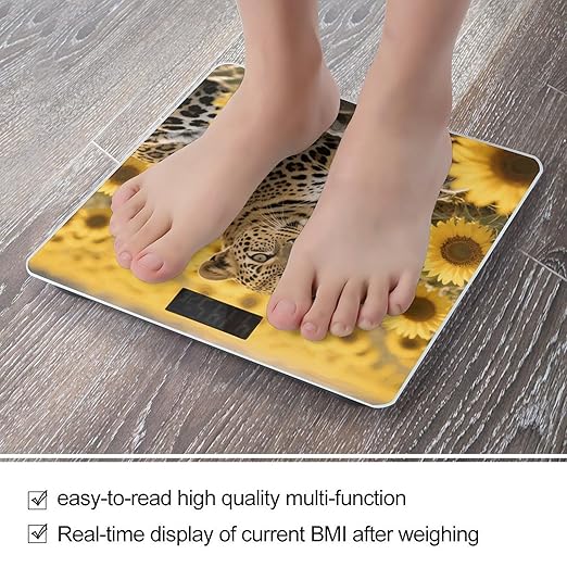 Sunflower Leopard Weight Scale Large Digital Bathroom Scales with Bright LED Display Non Slip Digital Scale and Step On Fashion Weighing Machine for Body