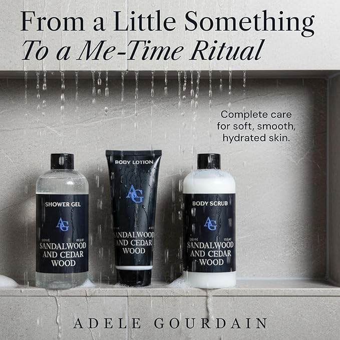 Shower Kit Men Bath and Body Gift Set For Him - Shower Gel Body Scrub &amp Body Cream Sandalwood &amp Cedar Scent 3 pcs 720ml - Skin Care Kit Fathers Day Birthday Idea for Him