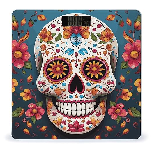 Colorful Sugar Skull Bathroom Scale for Body Weight Bathroom Digital Electronic Weighing Scale with Back Lit LED Display Sturdy Tempered Glass Weight Watchers Scales 400lb