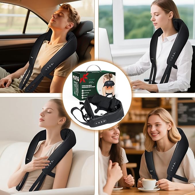 Joyset Neck Massager with Heat Cordless Shiatsu Neck Massager for Pain Relief Deep Tissue 6D Kneading Shiatsu Massager for Neck Shoulder Back Gifts for Dad Mom Friend