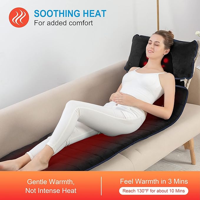 COMFIER Full Body Massage Mat with Heat &amp Vibration - 10 Motors App Control Movable Shiatsu Neck Pillow &amp 4 Heating Pads for Neck Shoulders Back Black