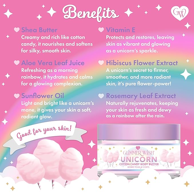 Glimmer Wish Unicorn Body Care Bundle – Shimmering Body Wash &amp Whipped Body Butter | Vanilla Cotton Candy Scent | Vegan Cruelty-Free Sulfate-Free Dermatologist Tested