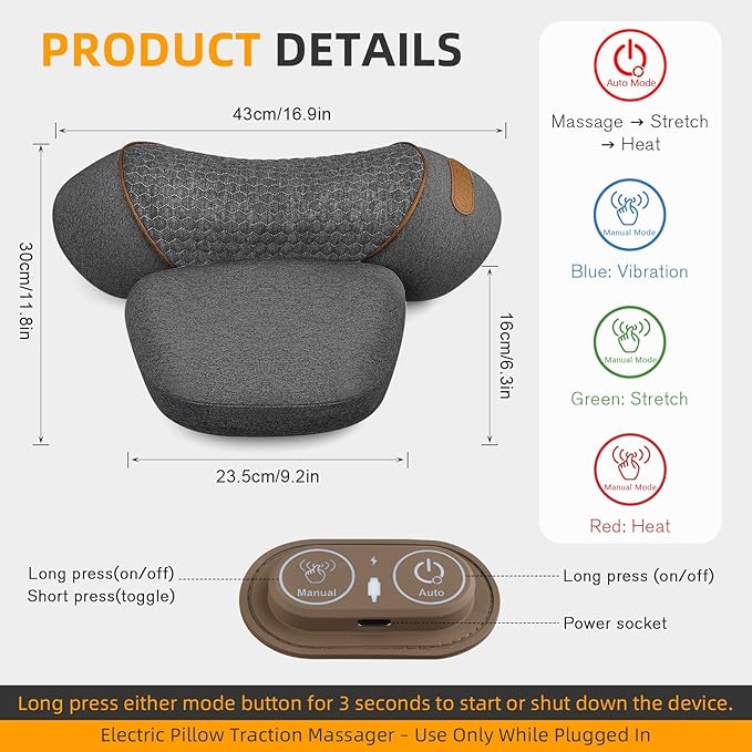 3-in-1 Neck Massager Pillow with Heat &amp Traction Deep Tissue Cervical Traction Device for Neck Hump Corrector Shoulder &amp Upper Back Pain Relief Relaxing TheraPillow Support