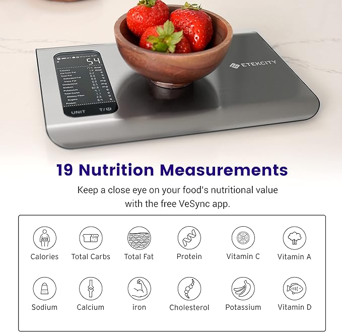 Etekcity Smart Food Nutrition Scale 11 Pounds-Large 304 Stainless Steel &amp Smart Scale for Body Weight Accurate to 0.05lb (0.02kg) Digital Bathroom Weighing Machine 400lb