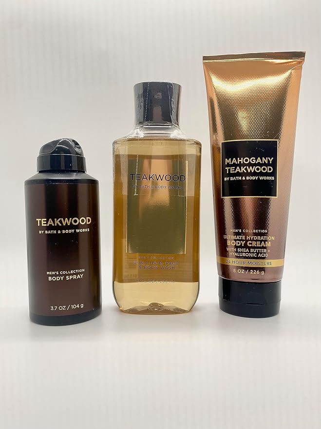 Bath and Body Works Teakwood - Three Piece Men's Collection 8 oz Body Cream 3.7 oz Deodorizing Body Spray 10 oz 2-IN-1 Hair and Body Wash