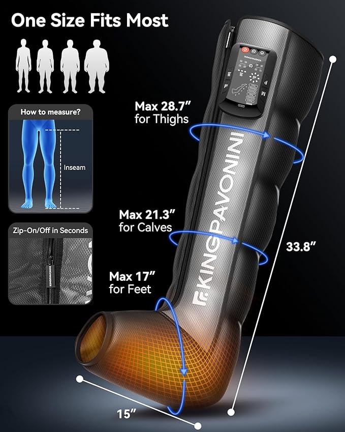 KingPavonini Cordless Leg Compression Massager with 5 Overlapping Chambers &amp 3 Foot Heat 4500mAh Leg Massager for Circulation and Pain Relief 19 Modes &amp 8 Intensities Recovery Boots for Ath