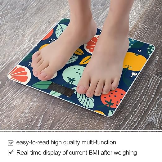 Hand Drawn Fruits Digital Bathroom Scale for Body Weight with High Precision Digital Weighing Scale with BMI Clear LCD Display and Step-On Measures Weight Up to 180kg